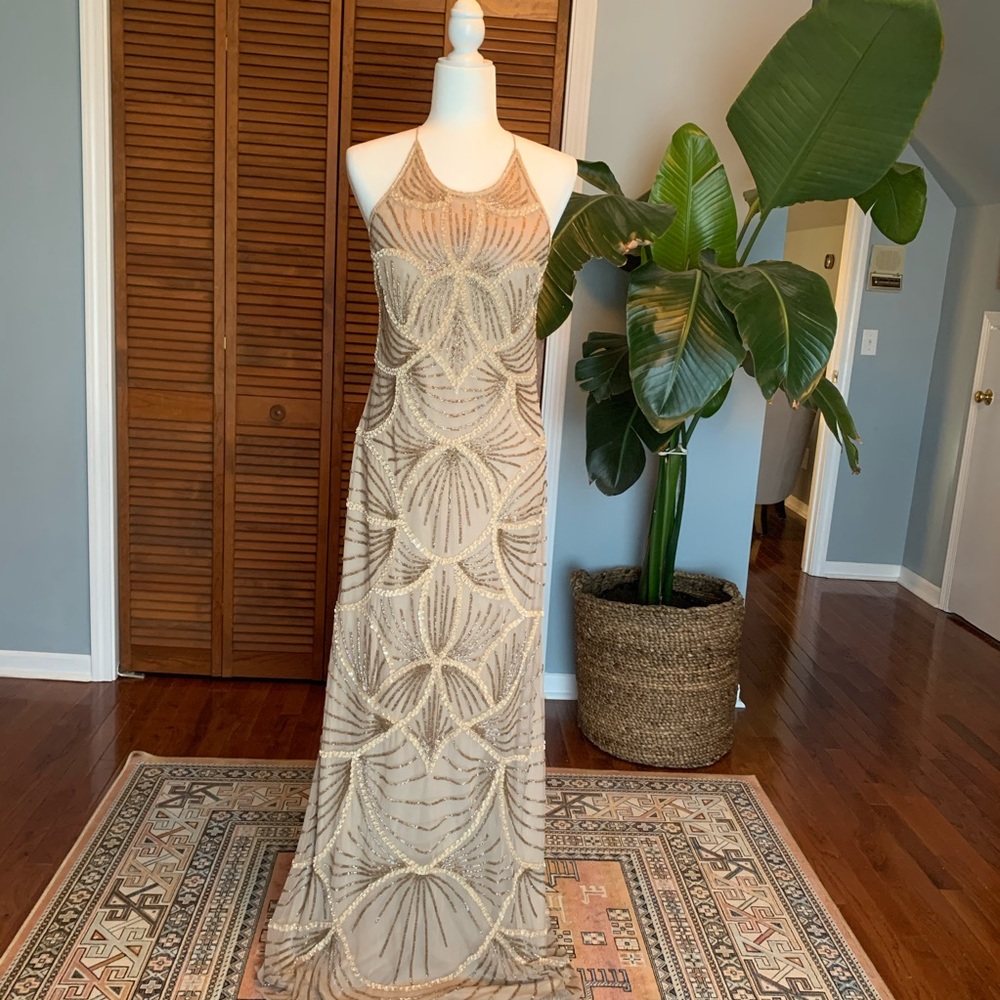 NWT Adrianna Papell Gold Beaded Evening Gown